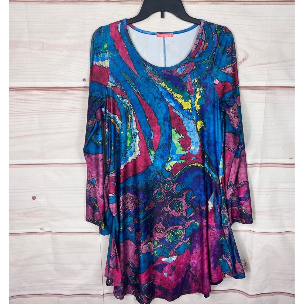 Simply Aster Dress Womens M Blue Pink Artsy Print Long Sleeve Swing Pockets Knit